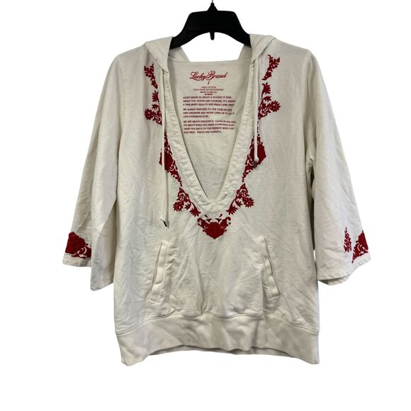 Lucky Brand White Red Embroidered Floral Pullover Sweatshirt Hoodie Size Large - Picture 1 of 5